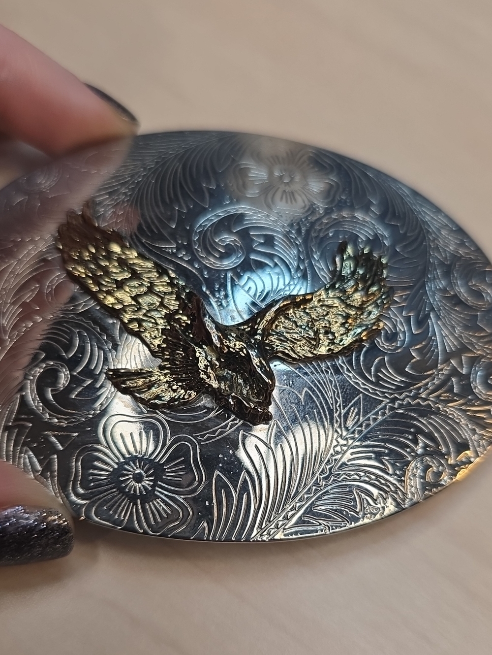 Vtg Nickel Silver Eagle Belt Buckle Western Floral Scroll Filigree Oval